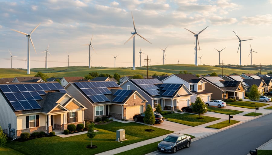 Wind turbines on plains with solar-equipped homes in foreground showing integrated renewable energy