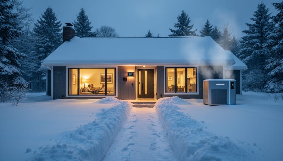 Family enjoying warm comfortable home interior during winter with snow outside windows