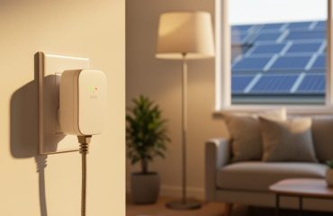 Close-up of an unbranded plug-in powerline home automation module in a wall outlet controlling a floor lamp, with a blurred modern living room and rooftop solar panels visible through the window