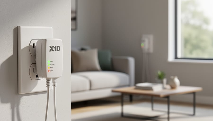 X10 lamp module plugged into wall outlet with connected lamp illuminated