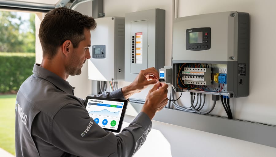 Solar technician installing Z-Wave monitoring hub in residential home