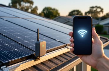 Residential rooftop solar panels with a small Z-Wave wireless sensor attached to the panel frame; a person holds a smartphone displaying a glowing alert icon without readable text, under warm golden hour light, with suburban houses and trees softly blurred in the background.