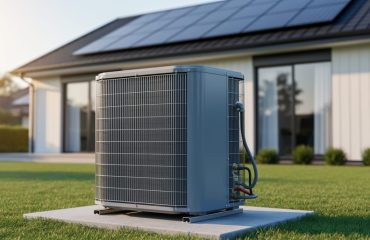 Outdoor central air conditioner unit in sharp focus beside a modern home with rooftop solar panels, sunlit at golden hour with a green lawn and blurred facade in the background