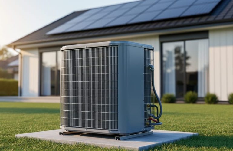 Outdoor central air conditioner unit in sharp focus beside a modern home with rooftop solar panels, sunlit at golden hour with a green lawn and blurred facade in the background