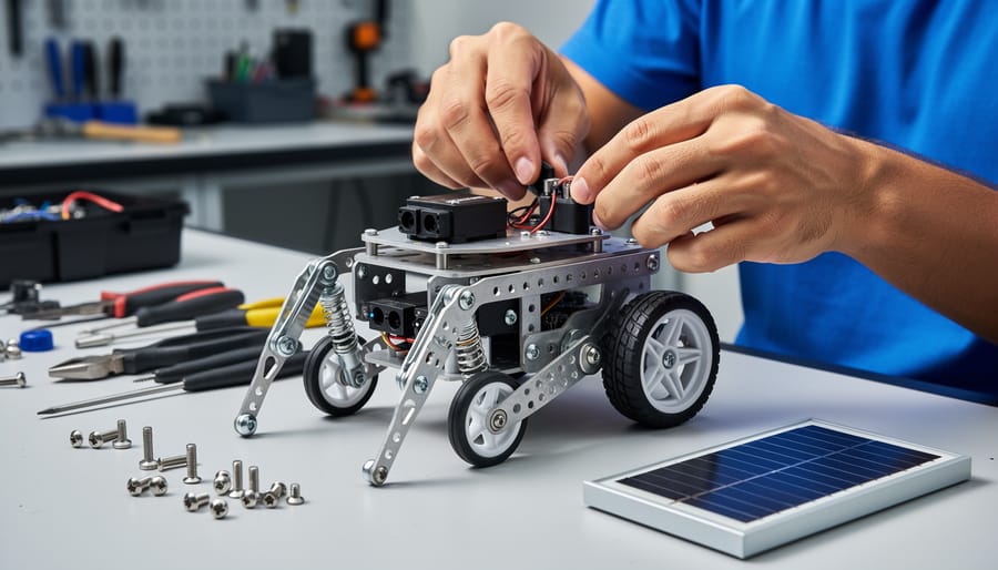 Hands assembling robot frame components with screwdriver