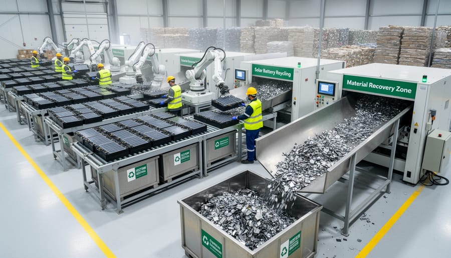 Workers at battery recycling facility safely processing solar batteries