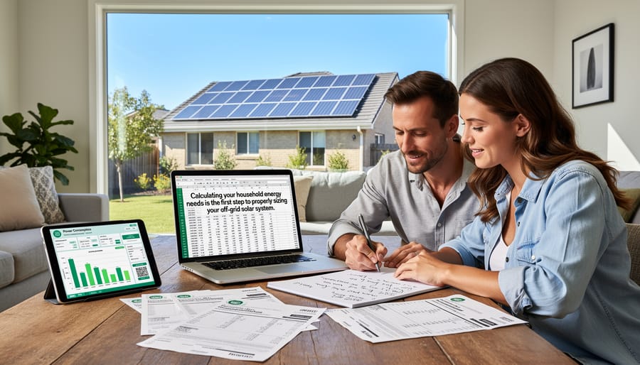Person checking energy consumption on digital monitor with solar battery system in background