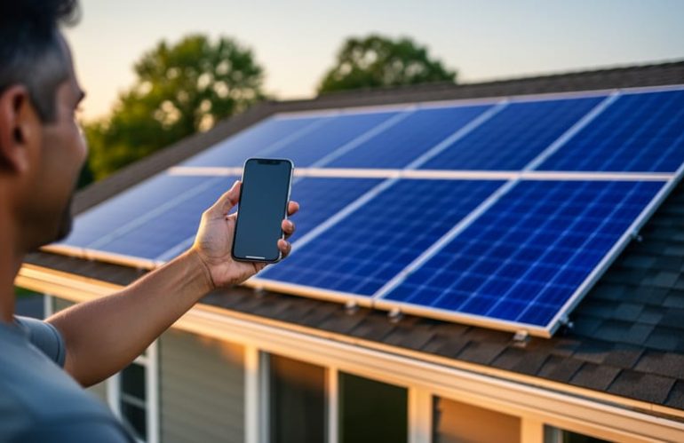 Over-the-shoulder view of a homeowner holding a smartphone while facing a rooftop array of blue solar panels at golden hour, with the house roofline and trees softly blurred and no readable text on the phone screen.