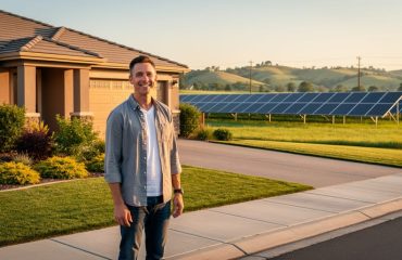 Homeowner in front of a suburban house with no rooftop panels, with a community solar farm visible across a grassy field at golden hour.