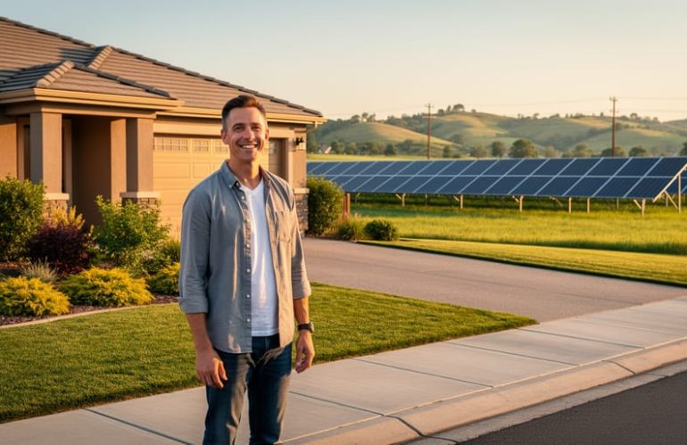 Homeowner in front of a suburban house with no rooftop panels, with a community solar farm visible across a grassy field at golden hour.