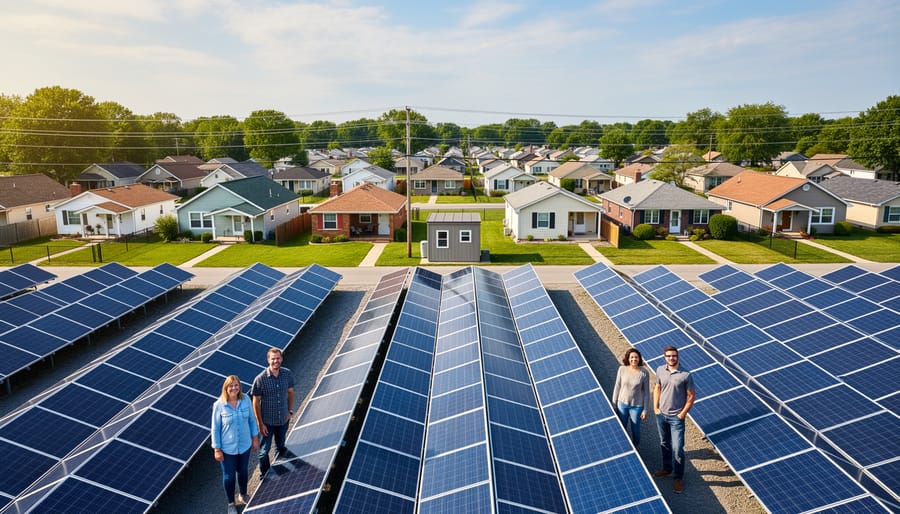 Aerial view of community solar farm with rows of solar panels near residential neighborhood