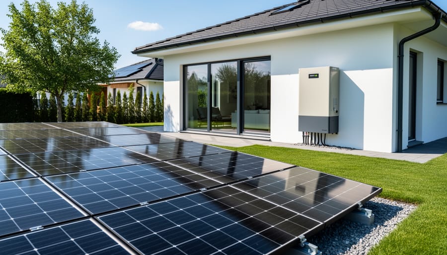 Residential home with solar panels on roof and battery storage system on ground