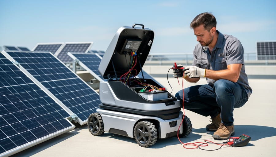 Solar panel being wired to robot chassis showing electrical connections