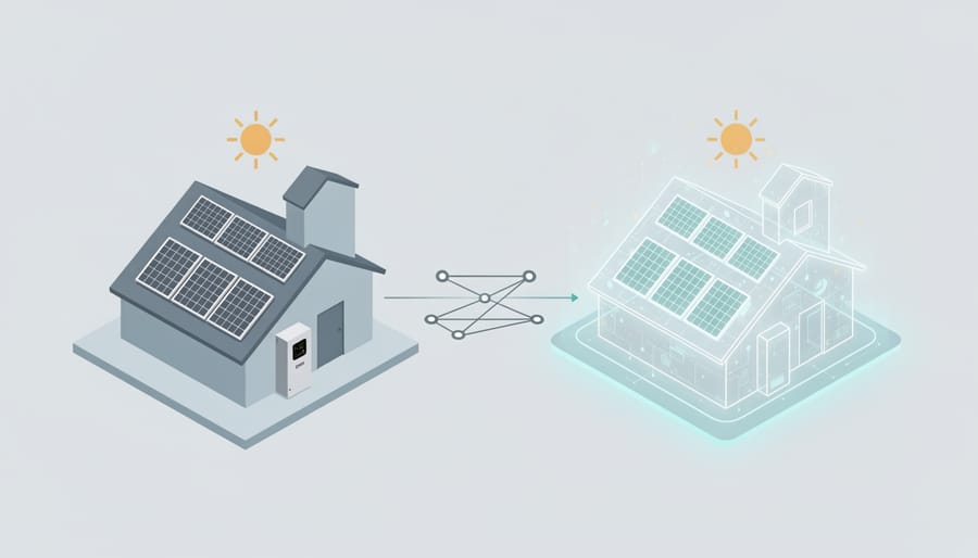 Solar panels on residential roof with digital overlay representing virtual monitoring technology