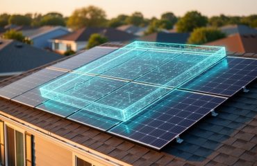 Residential rooftop solar panels at golden hour with a semi-transparent wireframe hovering above them to represent a digital twin, shallow depth of field and softly blurred suburban houses and trees in the background, warm side lighting