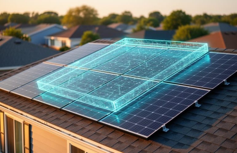 Residential rooftop solar panels at golden hour with a semi-transparent wireframe hovering above them to represent a digital twin, shallow depth of field and softly blurred suburban houses and trees in the background, warm side lighting