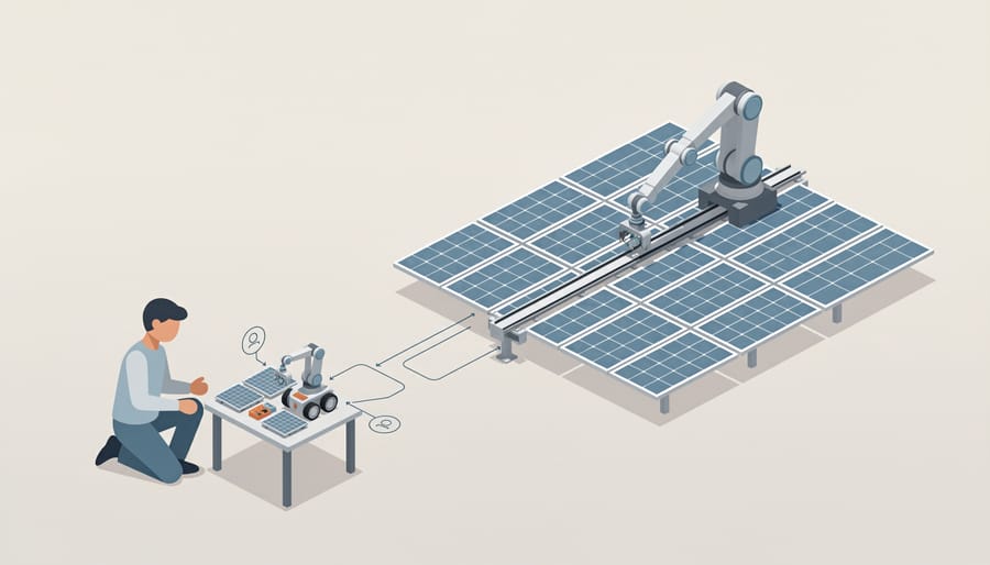 Small solar robot on rooftop with professional solar panel installation in background