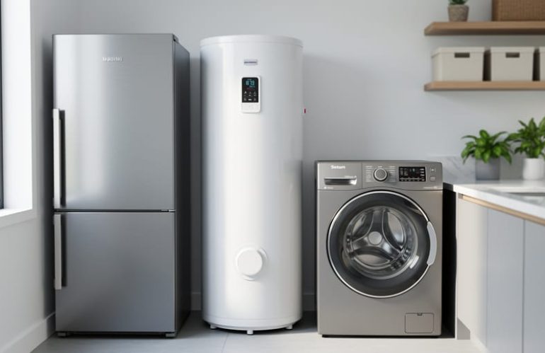 Modern home utility nook with stainless energy-efficient refrigerator, compact heat pump water heater, and front-loading washing machine under soft natural light, with countertops and houseplants softly blurred in the background.