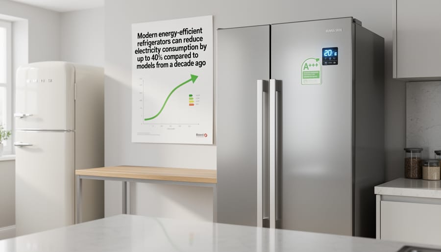 Energy Star certified stainless steel refrigerator in modern kitchen with homeowner