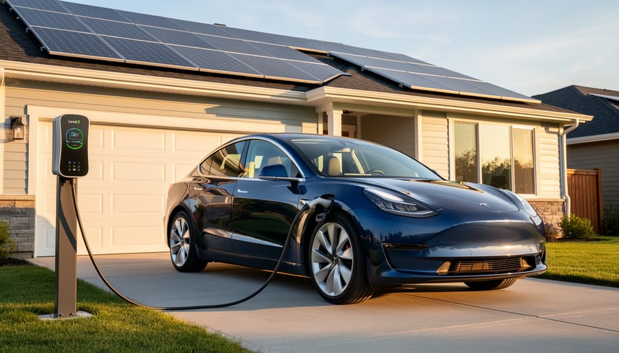 Electric vehicle charging connector plugged in with solar panels on roof in background
