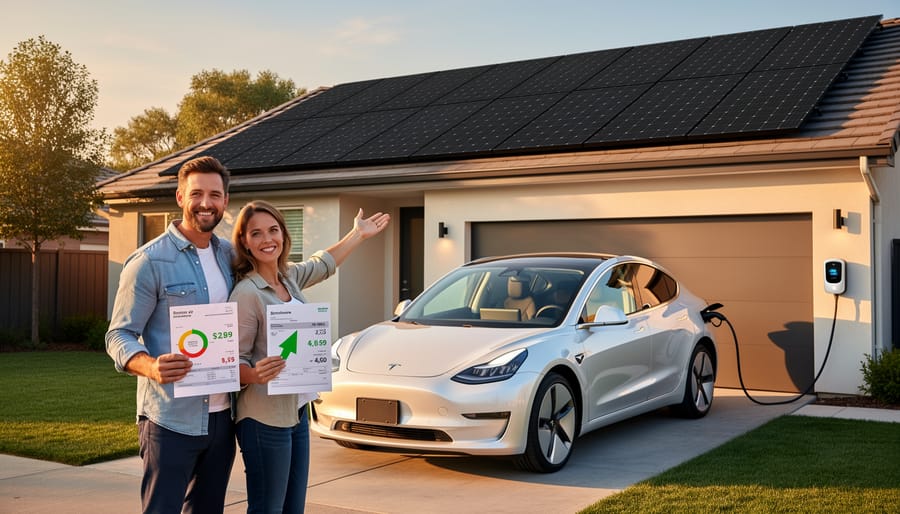 Family standing proudly with their electric vehicle and solar panel equipped home