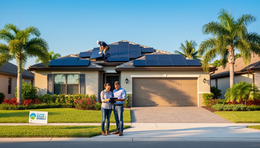 Aerial view of solar panels installed on Florida home with palm trees in background