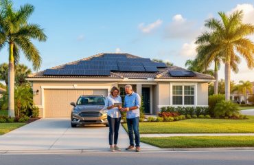 Modern Florida stucco house with rooftop solar panels at golden hour, palm trees, and two homeowners by the driveway looking at a tablet, with a quiet suburban street in the background.