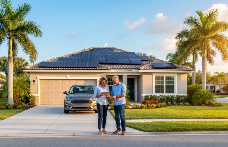 Modern Florida stucco house with rooftop solar panels at golden hour, palm trees, and two homeowners by the driveway looking at a tablet, with a quiet suburban street in the background.