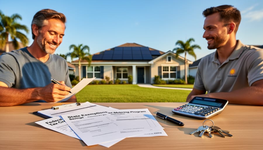 Homeowner checking reduced electricity bill on smartphone with solar panels on house in background