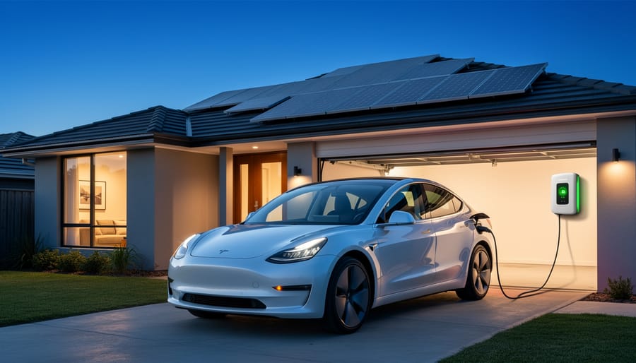 Home battery storage system installed in garage with electric vehicle in background