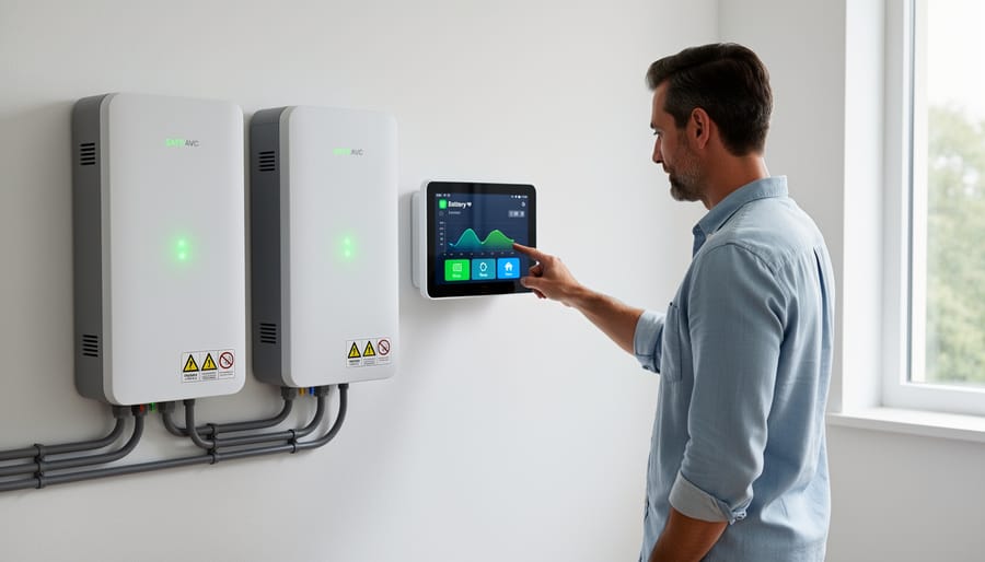 White home battery storage system mounted on residential garage wall with LED indicators
