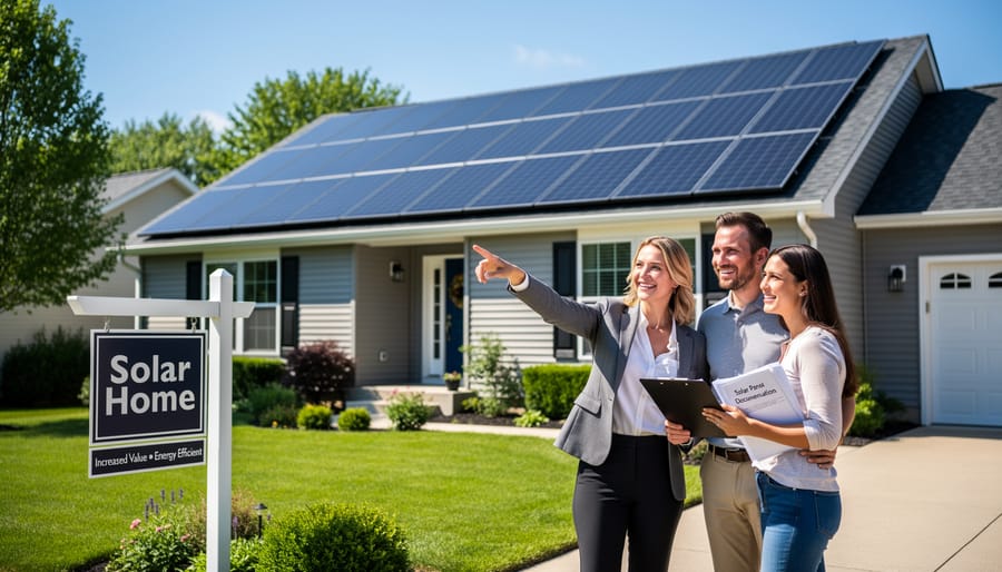 Residential home with solar panels installed on roof shown from front yard