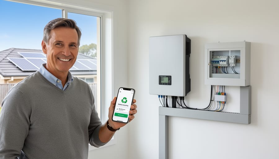 Homeowner monitoring solar battery system in modern residential setting