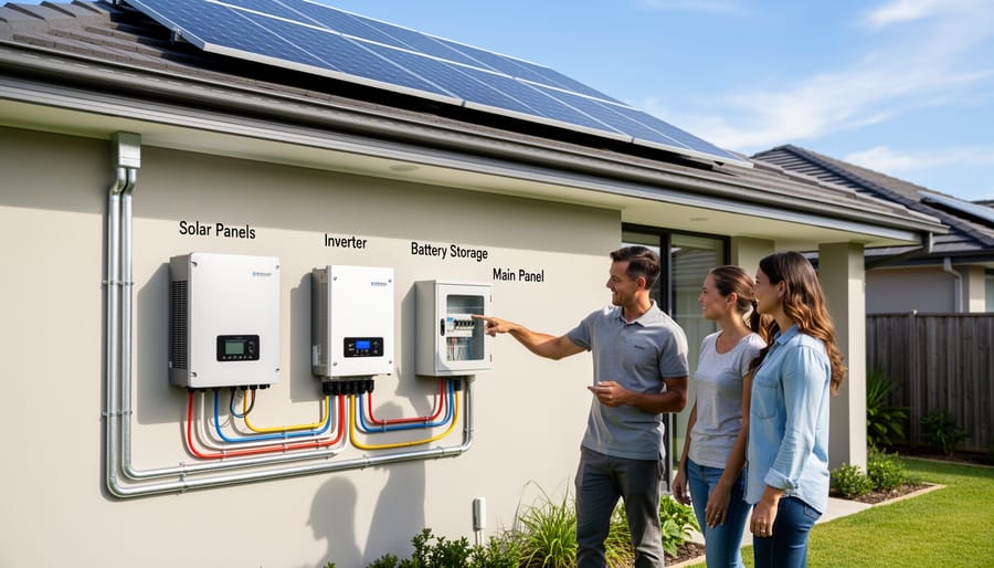 Homeowner inspecting residential solar panel installation on rooftop