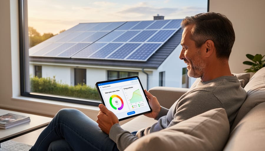Homeowner relaxing outdoors with monitoring tablet and solar panels visible on home roof