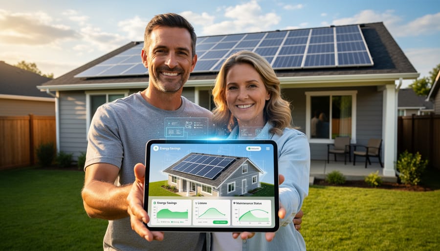 Happy homeowners looking at their solar panel installation on residential rooftop