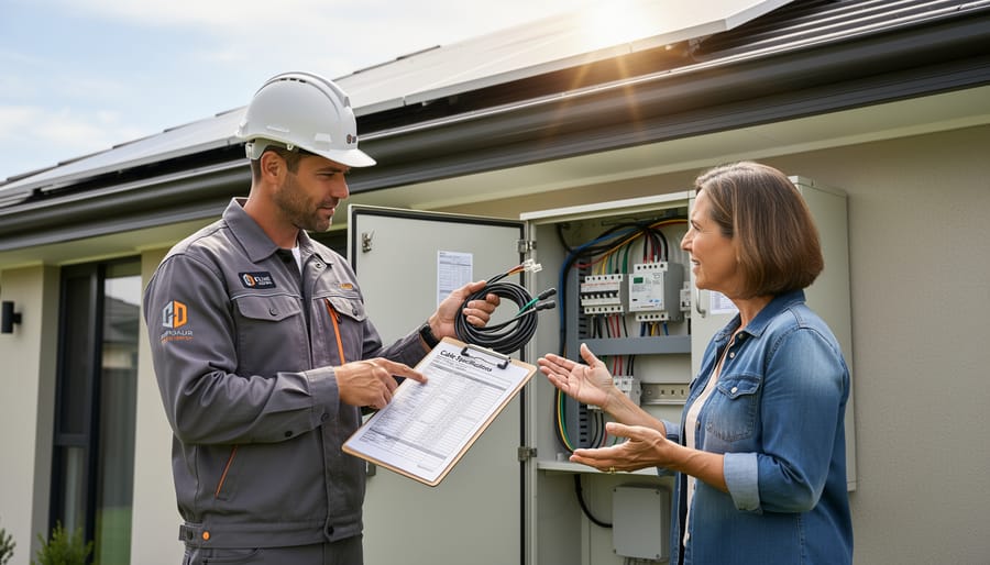 Solar installer discussing system specifications with homeowner during installation