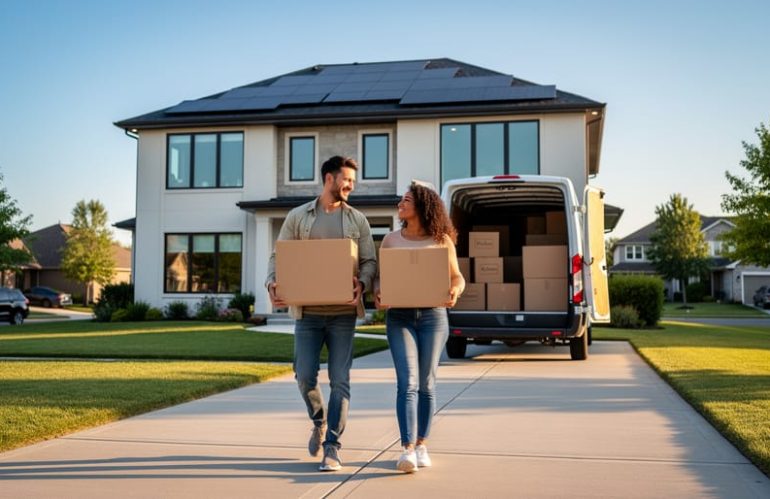 Couple carrying moving boxes toward a van in a driveway, with a modern suburban home behind them equipped with rooftop solar panels at golden hour.