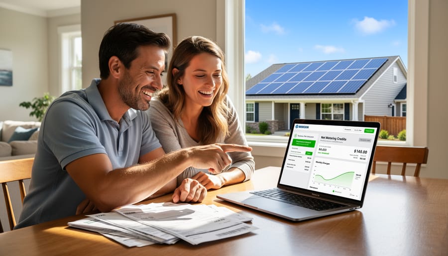 Utility bill showing reduced charges alongside solar energy monitoring device on table