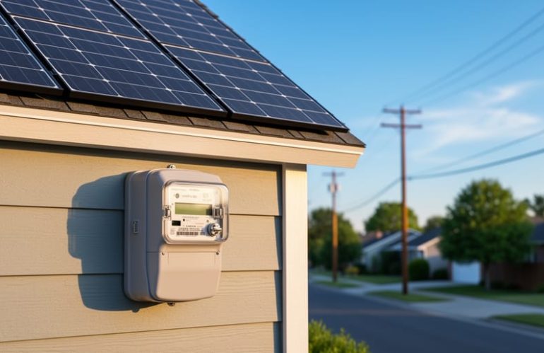 Eye-level view of a home's electric meter on an exterior wall, rooftop solar panels above, and utility poles receding down the street in warm golden-hour light.