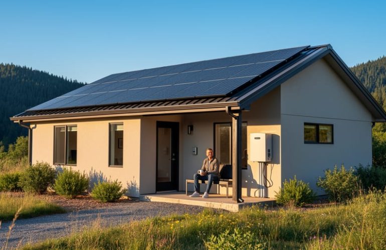 Eye-level wide shot of a modern home with rooftop solar panels and an exterior battery cabinet at golden hour, a person holding a coffee on the porch, native plants in the yard, and forested hills in the background.