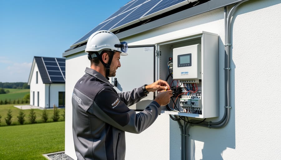 Solar installation professional securing panel on residential rooftop