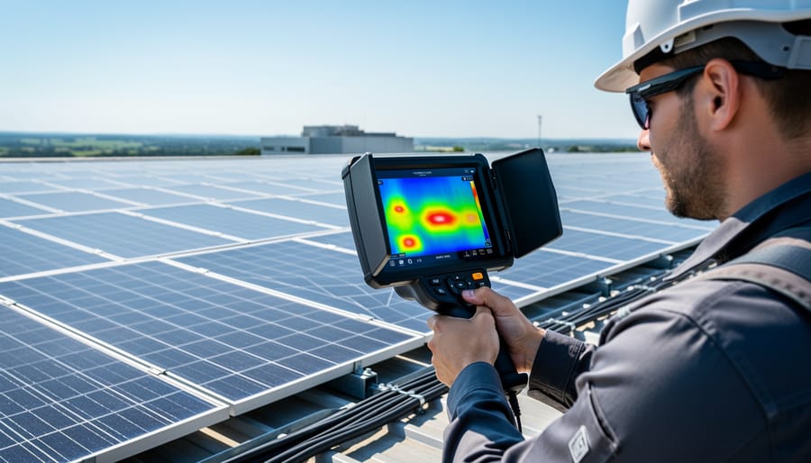 Solar technician conducting professional diagnostic testing on residential solar panel system