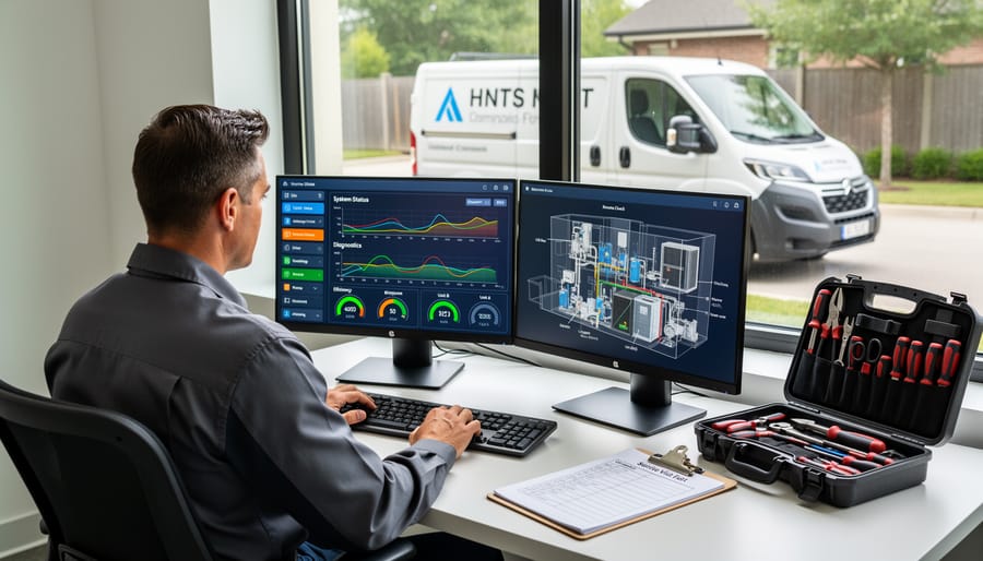 Solar technician using tablet to remotely monitor solar panel system performance