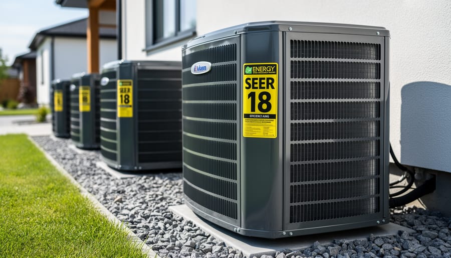 Residential air conditioning unit mounted on exterior home wall