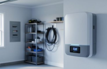 Wall-mounted white home battery and inverter with soft LED indicators in a tidy residential garage, with a blurred EV charging cable and breaker panel in the background under soft natural daylight.