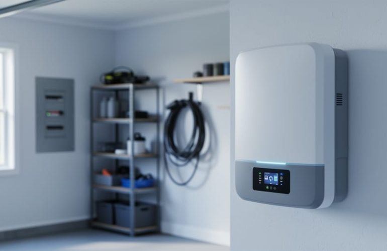 Wall-mounted white home battery and inverter with soft LED indicators in a tidy residential garage, with a blurred EV charging cable and breaker panel in the background under soft natural daylight.