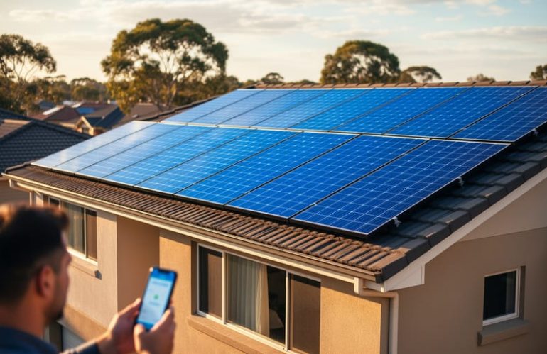 Rooftop solar panels on a modern suburban home at golden hour, with a person in the foreground holding a smartphone slightly out of focus, suggesting real-time monitoring, and soft trees and neighboring roofs in the background.