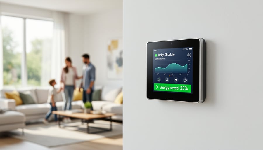 Person adjusting smart thermostat controls on wall in modern home