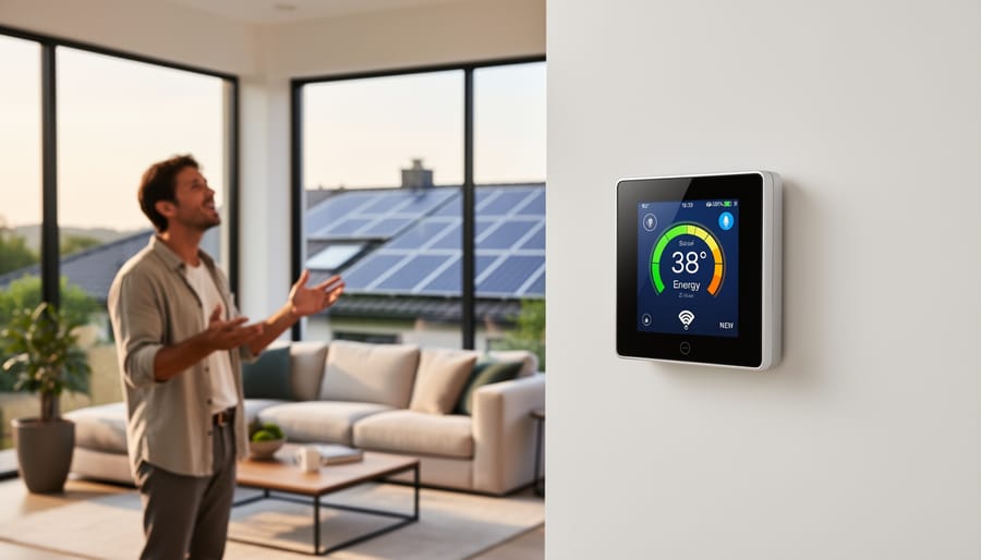 Hand adjusting smart thermostat on wall in modern home interior